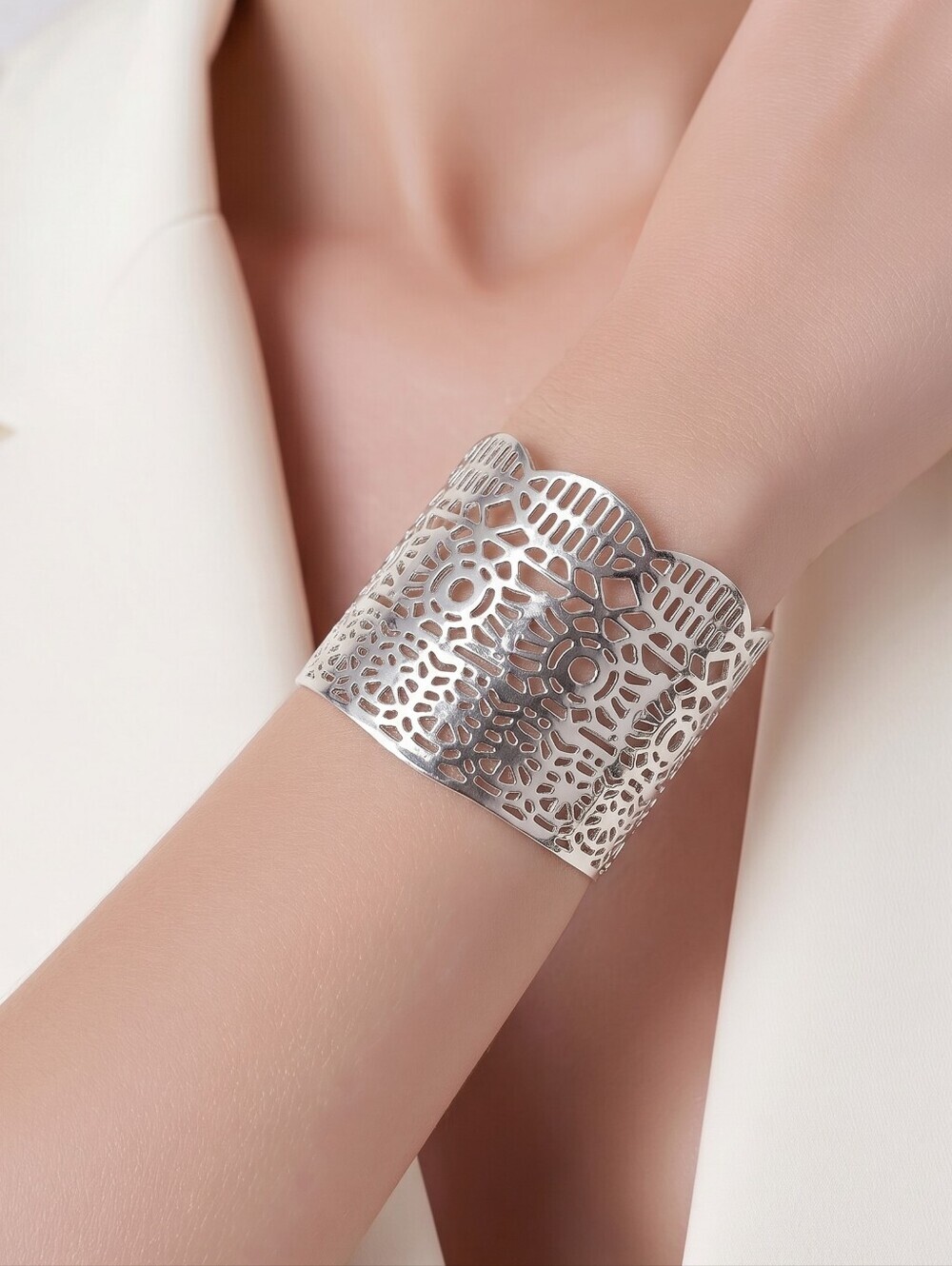 NWT NADINE WEST Wide Silver Cutout Cuff Bracelet ~2 1/2"